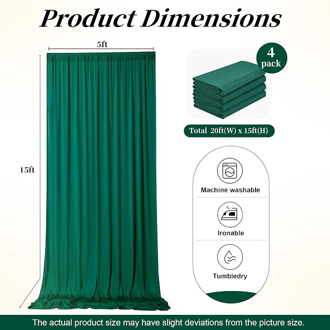 20ft x 15ft Hunter Green Backdrop Curtains for Wedding Parties, 4 Panels Extra Long Wrinkle Free Fabric Drapes Photo Backdrop for Baby Shower Birthday Stage Reception Lobby Decoration