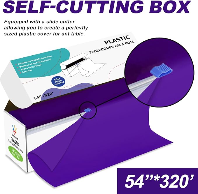 54IN X 320FT Plastic Table Cover Roll with Cutter Box, Cut to Size Plastic Table Cloths for Parties, Birthday, Disposable Tablecloth Roll for All Shape Tables (Purple, 54 Inch X 320 Feet)