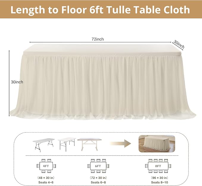 leegleri 2 pk 6ft Champagne Tulle Tablecloth for Rectangle Tables, 2-in-1 Table Covers with Tulle Skirt,Wrinkle Free Stretchy Ruffle Tulle Table Cloths Fitted for Wedding Party Banquet Vendor