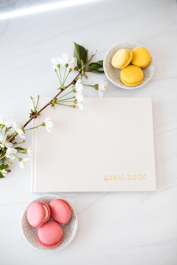 Pearhead Linen Guest Book, Ivory with Gold Script, Gender Neutral Event Keepsake, Graduation, Baby Shower or Wedding Bridal Shower Party Sign-In Book, 100 Blank Pages, 7 x 9