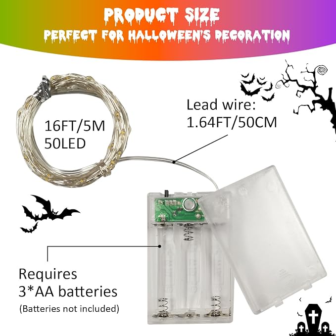 QITONG Purple Orange & Green Fairy Lights Battery Operated, 4 Pack Each 16ft 50 LED Halloween Lights Outdoor Waterproof, Silver Wire Christmas Twinkle Mini String Lights Indoor