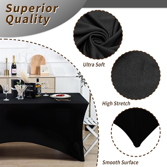 Fixwal 10 Pack 6Ft Black Table Cover, Spandex Fitted Tablecloths Rectangle, Wrinkle-Free and Stretch Folding Table Cloth for Banquet, Wedding, Party, Trade Show