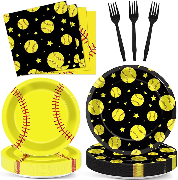 96Pcs Softball Birthday Party Decorations Paper Plates and Napkins Sets Sports Theme Dessert Disposable Tableware Black Yellow Softball Plates Supplies Team Sport Party Gifts Favors for 24 Guests