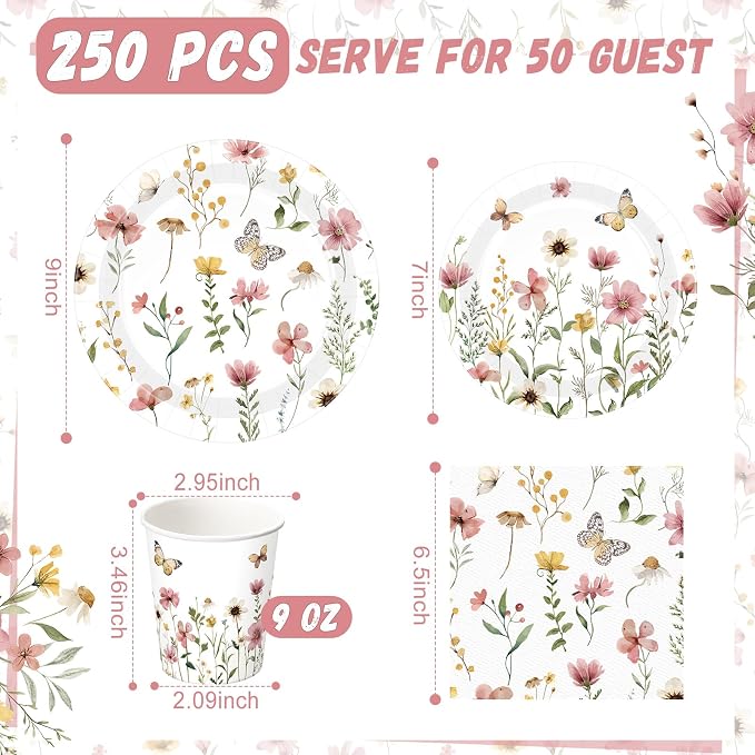 Ziliny 250 Pcs Wildflower Party Decorations Include Spring Summer Floral Paper Plates Napkins and Cups for Wildflower Baby Shower Tea Decorations, Serve 50 Guest (Boho, Pink Flower Style)