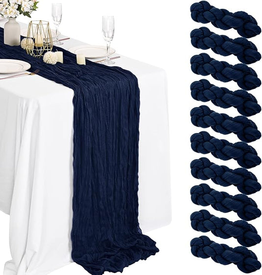 10 Packs Cheesecloth Table Runner Navy Blue, 35x120 inch Dark Blue Rustic Gauze Boho Wedding Table Runner Decoration, Wedding Table Decor Table Cloth for Wedding Party Bridal Shower Table