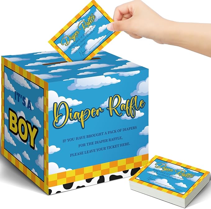 Teling 51 Pieces Diaper Raffle Tickets with Card Box Baby Shower Decorations Gender Reveal Holder Box for Girl Boy Diaper Raffle Party (Cartoon)