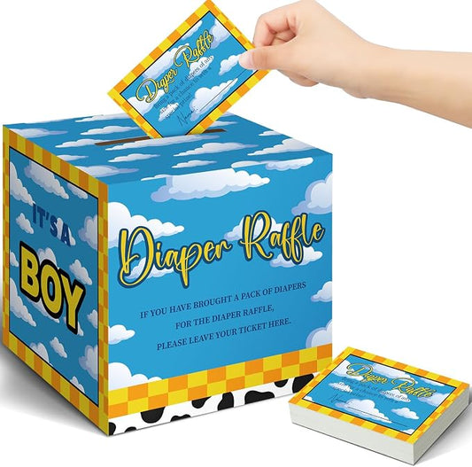 Teling 51 Pieces Diaper Raffle Tickets with Card Box Baby Shower Decorations Gender Reveal Holder Box for Girl Boy Diaper Raffle Party (Cartoon)