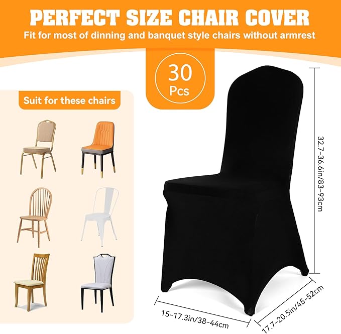30 PCS Black Polyester Spandex Chair Covers - Stretch Slipcovers for Wedding, Party, Dining, Banquet - Flat-Front Chair Covers