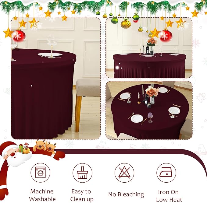 Burgundy Round Tablecloth 60 inch Stretch Spandex Fitted 5FT Round Banquet Tablecloths Wrinkle Free Table Cover Stitch Circle Tablecloth with Ruffle Skirt for Wedding Party Birthday Decor