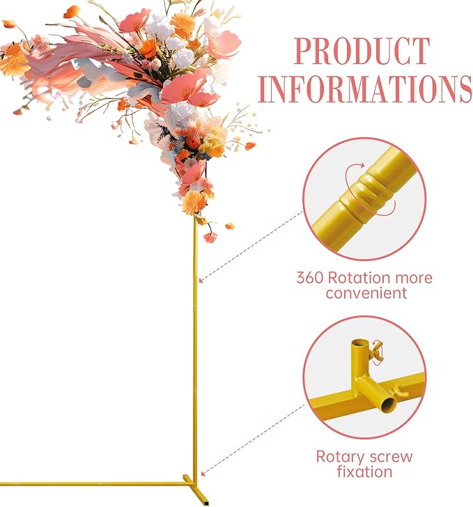 6.6FT Square Gold Metal Wedding Arch Backdrop Stand for Party Decor | 6.6FT square metal backdrop stand, detachable stable balloon arch for wedding, baby shower & anniversary decor