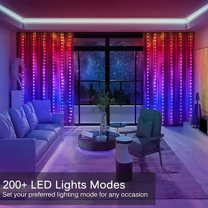 LED Curtain Lights 6.6FTx6.6FT,200 RGB Color Changing Fairy Lights | 200+ Lighting Modes,APP & Remote Control,Timer,Dimmable,Waterproof String Lights for Bedroom Wall Patio Party Christmas Decor