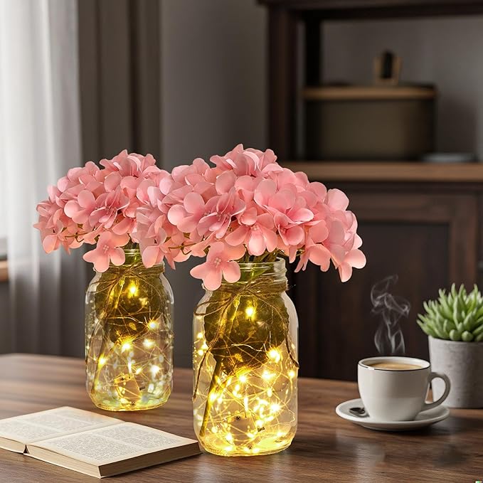6 Sets Mason Jar with Lights Pink Hydrangea Decorative Pink Centerpieces for Tables Mason Jars Flowers Decorations LED Farmhouse Vase for Home Wedding Event Party Decor