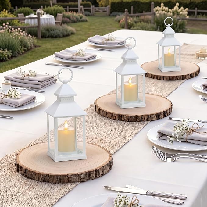 6 Sets Wedding White Decorative Candle Lanterns with Wood Slices Flameless Candle Hanging Lights Rustic Farmhouse Centerpieces Table Decor for Wedding Summer Boho Decoration