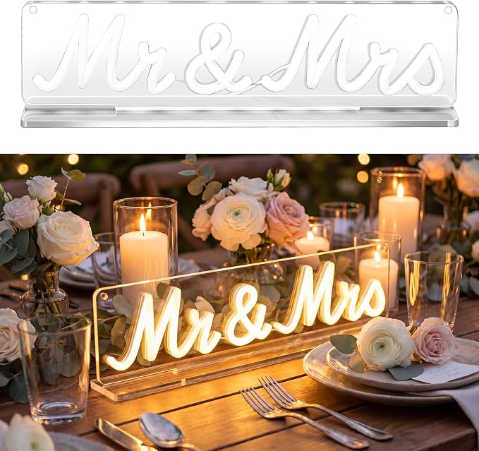 Fumete Mr and Mrs Neon Sign for Wedding Table Light up Large White Mr and Mrs Sign Wooden Letters, Miss Decoration for Anniversary Wedding & Engagement, Gifts for Anniversary Engagement