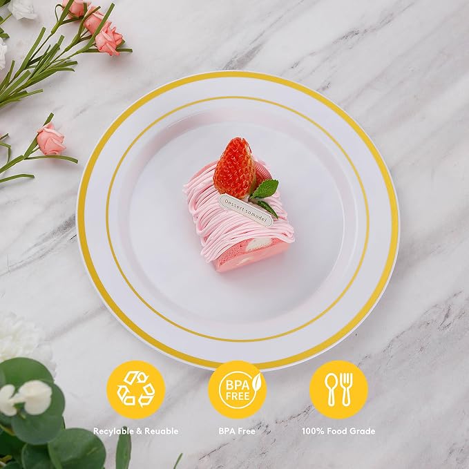 Goodluck 400 Piece White and Gold Plastic Plates Set - 200 Dinner Plates & 200 Salad Dessert Plates, Heavy Duty Disposable Gold Trimmed Plates for Wedding, Party, Elegant Fancy Plastic Plates Bulk