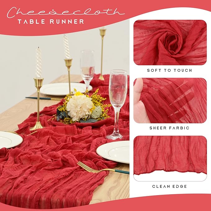 12 Pack Cheesecloth Table Runner 35 x 120 inch Long Boho Cheese Cloth Gauze Table Runners Semi Sheer Table Runner for Wedding Decor, Bridal Shower, Birthday Party (Red)