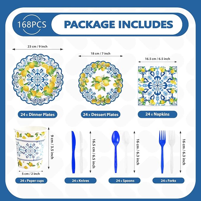 168Pcs Capri Lemon Party Decoration Blue Tiles Plates Napkins Cups Forks Knives Spoons Scalloped Blue Yellow Lemon Disposable Tableware Set for Wedding Bridal Shower Party Supplies Serves 24