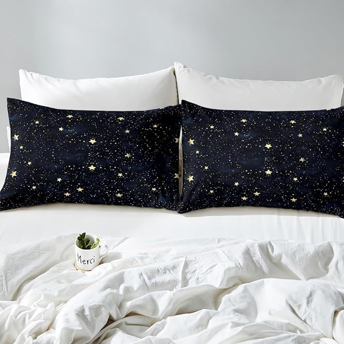 Cartoon Glitter Stars Bed Sheets Golden Starry Galaxy Decorative Sheets Set for Kids Teens Adults Outer Space View Print Dreamy Bedding Set with Flat,Fitted Sheet,2 Pillowcases Queen Size 4 Pcs