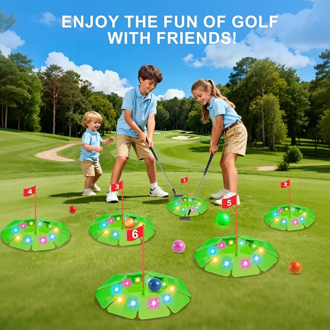 TERRAMUS Light Up Golf Play Set - Upgraded Kids Toy Golf Putting Game Set with 6 LED Targets, 2 Clubs, 6 Balls (2 Glow), Night Golf Toys Gifts for Kids Golfers Family Indoor Outdoor Beach Lawn Park