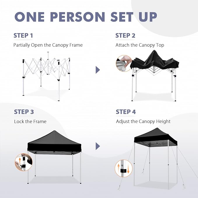 5x5 Pop Up Canopy Tent, Instant Portable Beach Canopy, Outdoor Tent with Carry Bag for Camping, Sports, Tailgating, Events, Black