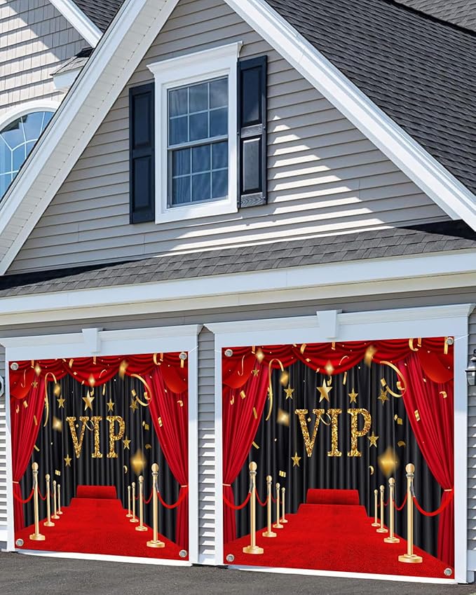 7X16ft VIP Red Carpet Garage Door Decoration Background Glittering with Brilliant Stars Black Gold Stage Backdrop Award Ceremony Movie Studio Props Graduation Wedding Birthday Party Banner Cover