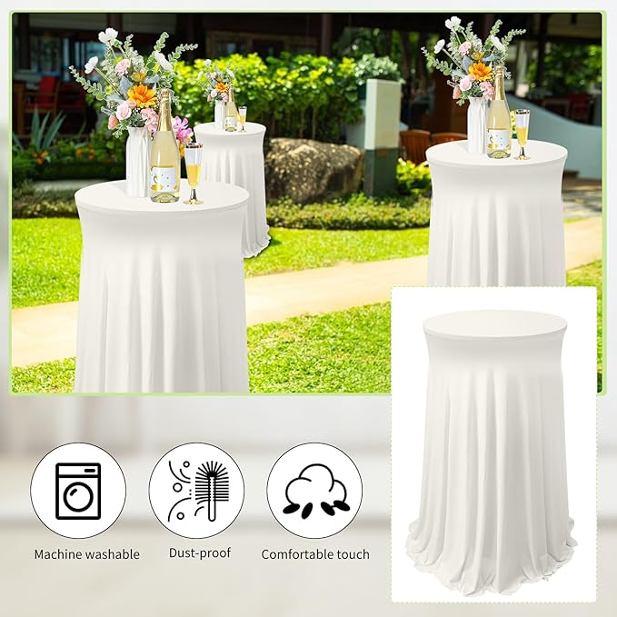 Tegeme 4 Packs Round Spandex Cocktail Tablecloths with Skirt 32 x 43 Inch Cocktail Round Table Cover Spandex Stretch Square Tablecloth Skirt for Table Bar Wedding Party Banquet(Ivory)