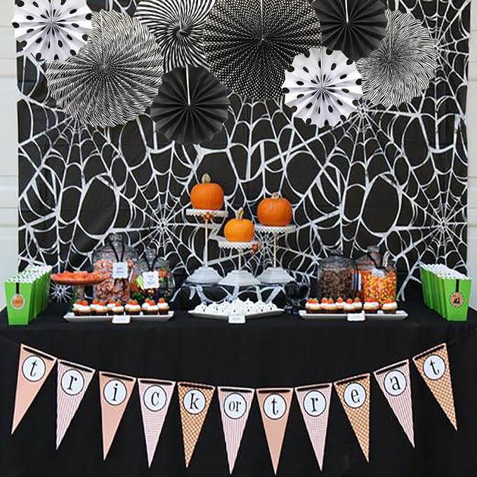 Party Hanging Paper Fans Set, Black Round Pattern Paper Garlands Decoration for Birthday Wedding Graduation Events Accessories, Set of 6