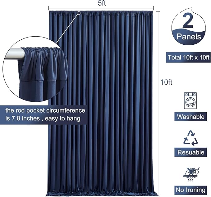 10ft x 10ft Navy Blue Backdrop Curtain for Parties Wedding Wrinkle Free Backdrop Drapes Panels for Baby Shower Gender Reveal Birthday Photo Photography Polyester Fabric Background Decoration