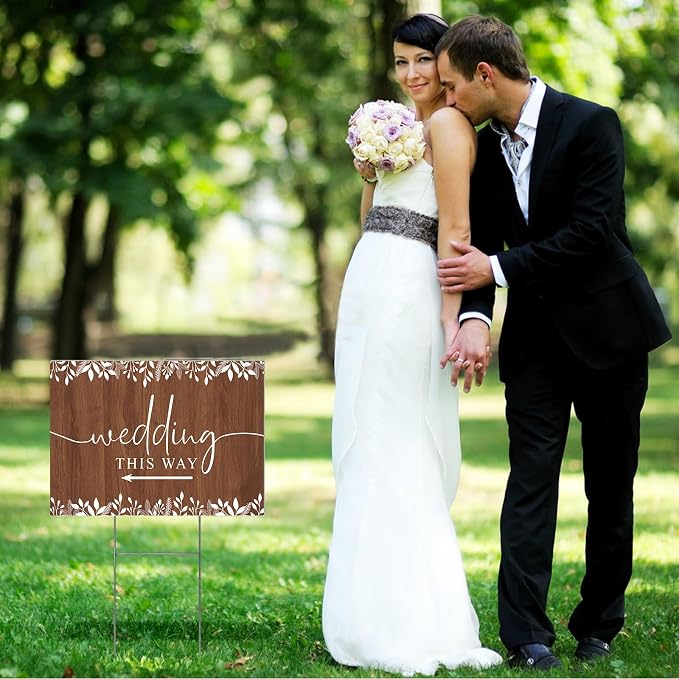 3 Pack 17''×12.5'' Wedding This Way Signs Double Sided Printed Wedding Directional Parking Sign with Stakes for Ceremony Reception Lawn Yard Arrow Signs Plastic Rainproof Party Supplies,Rustic
