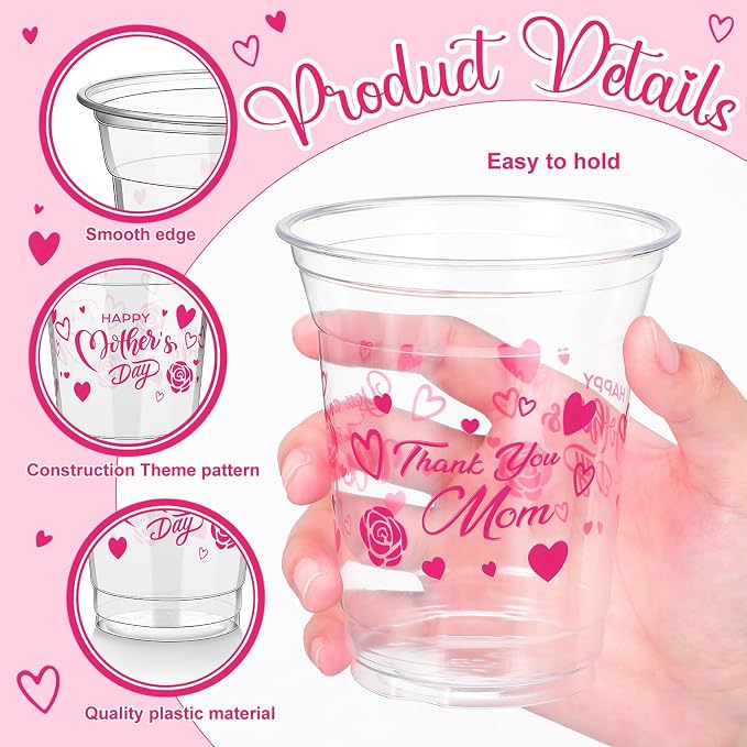 FoldTier 50 Pcs Mother's Day Cups 12 oz Thank You Mom Plastic Cups Clear Best Mom Disposable Cup Mother's Day Drinking Cup for Home Kitchen Mother's Day Party Favors Supplies Decoration (Mother's Day)