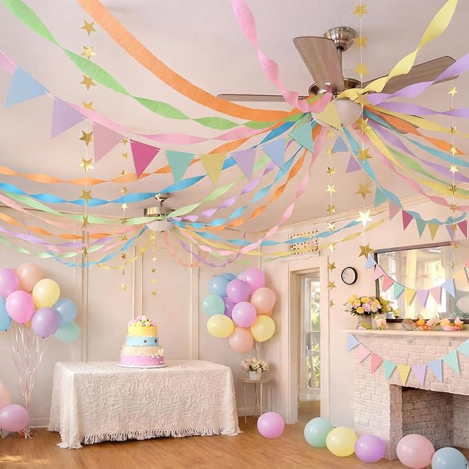Frienda 14 Pcs Pastel Party Decorations Set 492 ft Colorful Crepe Paper Streamers, 52.8ft Gold Star Garlands Backdrop and 4 Pennant Banner Flags for Wedding Birthday Fancy Party Hanging Decorations