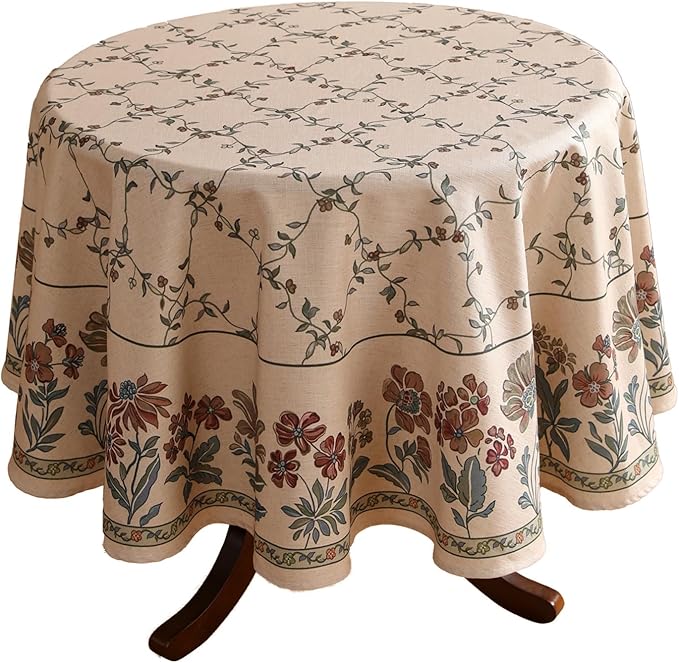 patdrea Vintage French Linen Tablecloth,Round,Diameter 67"-Oliveirad | Heavyweight Elegant Table Cloth for Round Table,Dark Floral & Vine Printfor Dining Room Tea Party Thanksgiving