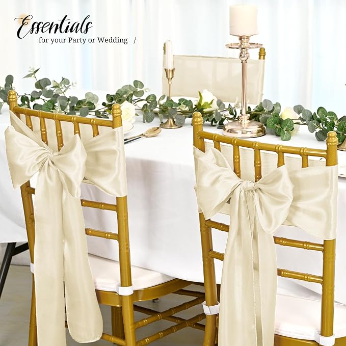 Pesonlook 120 PCS Ivory Satin Chair Sashes Bows Satin Chair Sashes Universal Chair Cover for Wedding Reception Restaurant Event Decoration Banquet,Party,Hotel Event Decorations (7 x 108 inch)