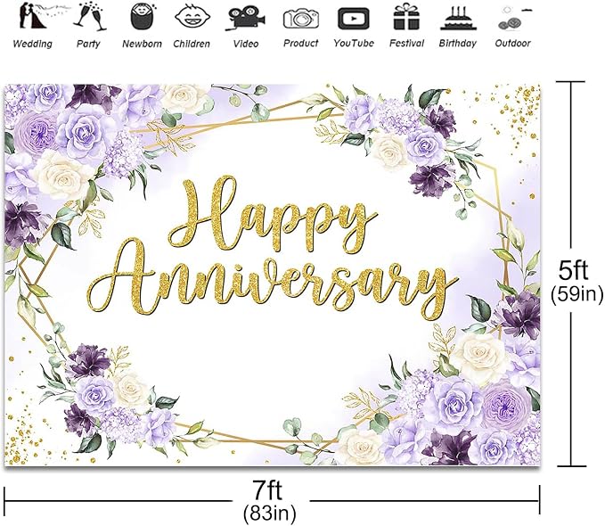 Happy Anniversary Backdrop 7x5ft Purple and White Flowers Anniversary Party Decorations Background Wedding Engagement Bridal Shower Banner Photo Booth Props