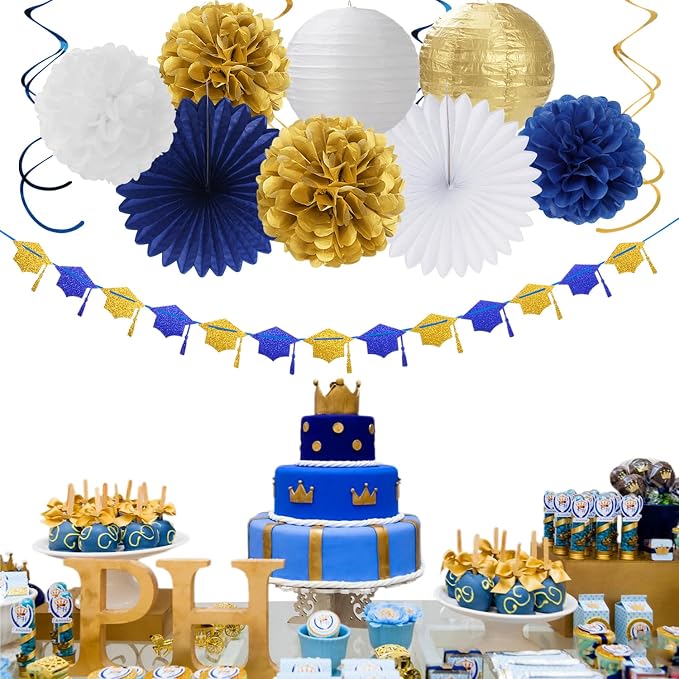 2026 Blue Class-Congratulations Prom Graduation Party-Decorations - 22pcs High School College Grad Supplies Decor, Royal Navy White Gold Tissue Pom Poms Streamers, Paper Flowers Lanterns Hugmoon