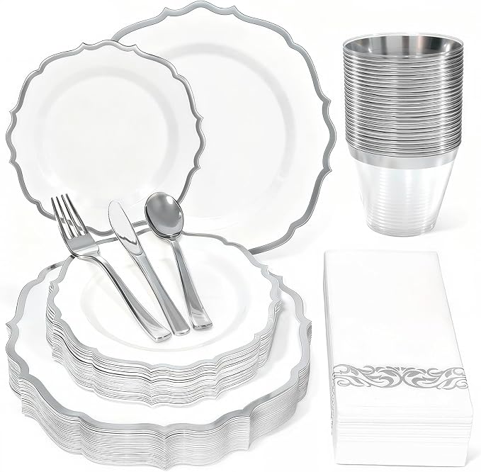 Glowserve 175 Piece Disposable Plastic Plates Dinnerware Set for 25 Guests | 50 Plastic Plates,25 Silverware Set,25 Cups and Napkins,Party Wedding Birthday,Family Gathering,Fancy Plastic Plates