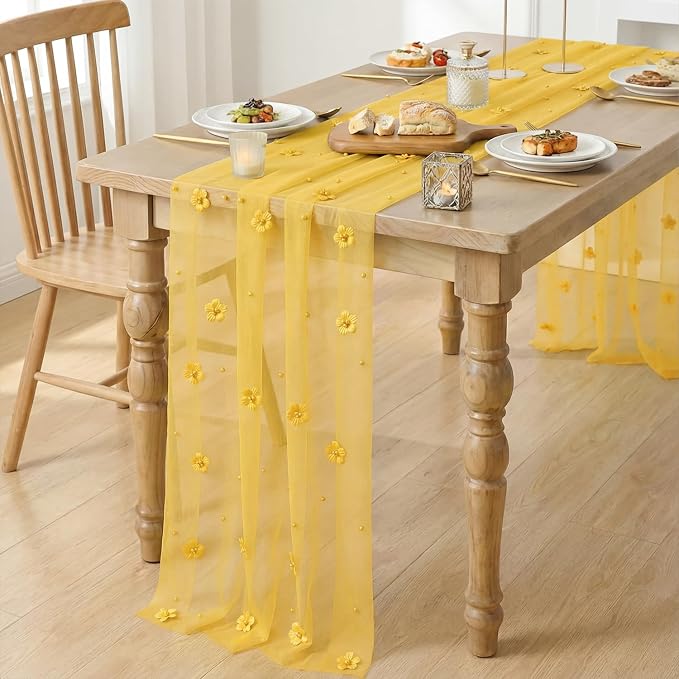 Artoid Mode Yellow Flower Pearl Yellow Gauze Table Runner 10FT 3PC, Seasonal Sheer Dining Holiday Wedding Birthday Baby Shower Table Decor for Home Party