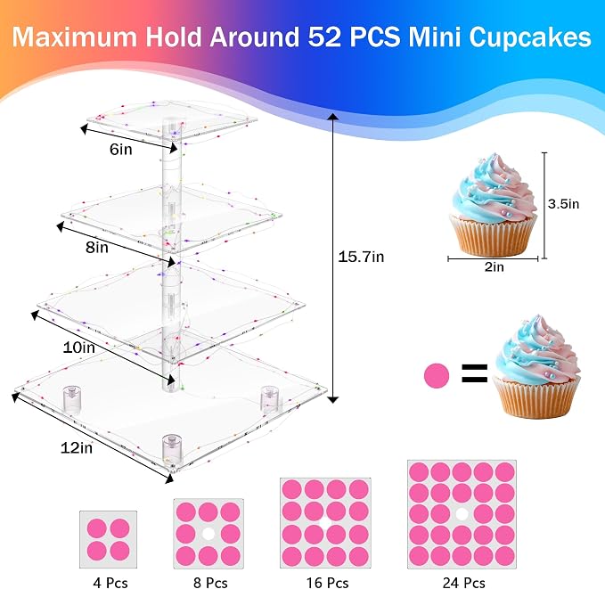YestBuy 4-Tier Acrylic Cupcake Stand for 50 Cupcakes with Colorful LED Lights and 4.7" Clear Tiers, Perfect for Weddings, Birthdays and Dessert Tables