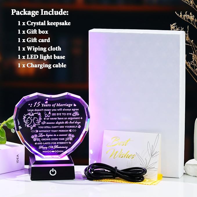 Arikyrist 15th Wedding Anniversary Crystal Heart Gifts for Couple, Laser Engraved Happy 15th Anniversary Crystal Gifts for Wife Husband, Romantic 15 Years of Marriage Gift for Him Her Friends