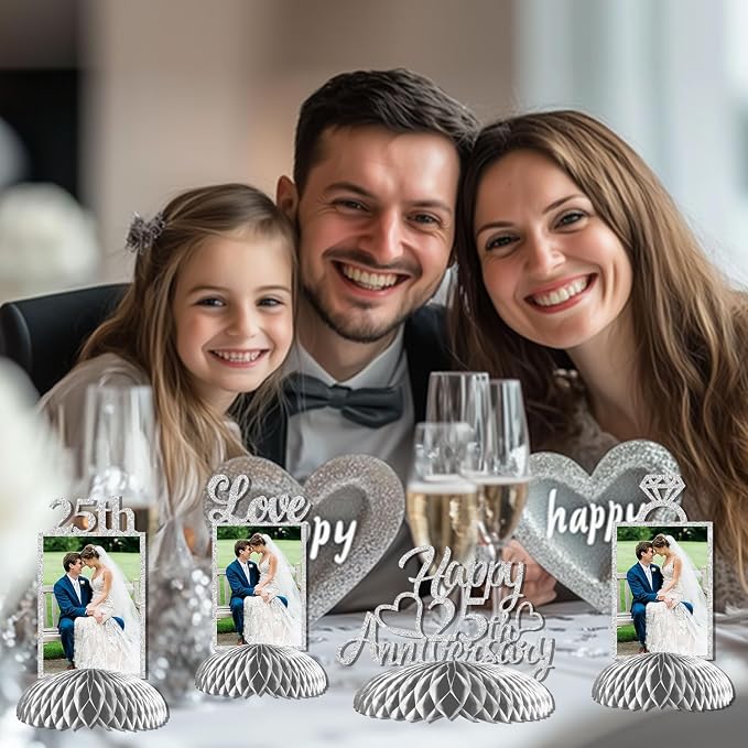25th Wedding Anniversary Decorations, 25th Silver Wedding Photo Table Centerpieces Happy 25 Anniversary Table Toppers Honeycomb Decorations We Still do 25 Years Cheers to 25 Years Supplies