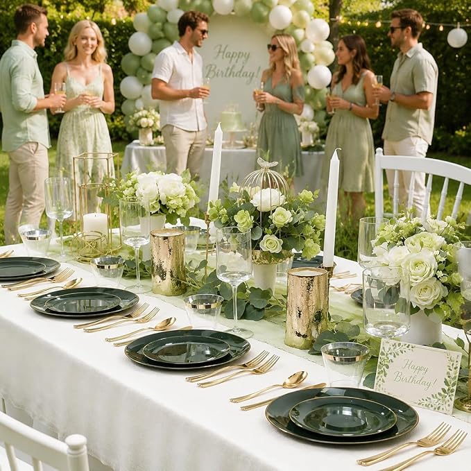 WDF 150Pcs Green Plastic Plates - Green Plates Disposable with Gold Rim - 25Guest Disposable Dinnerware Include 50 Plastic Plate 75 Gold Cutlery 25 9oz Cups for Wedding/Party/Birthday/World Cup 2026