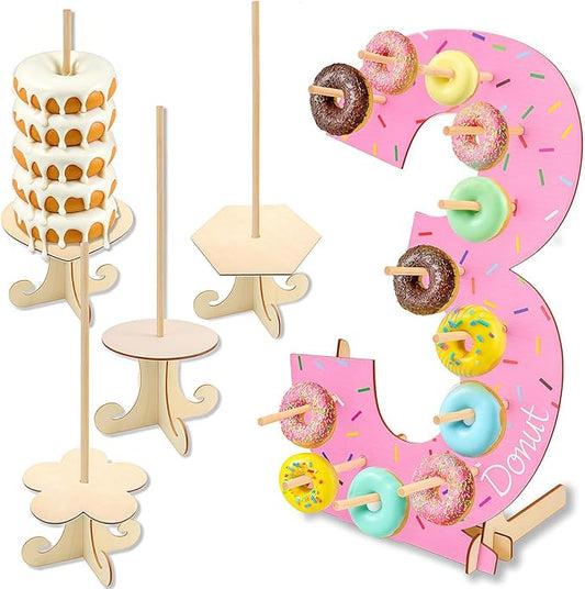 5 Pack Donut Stand Set, Wooden Donut Wall Display Stand with 4PCS Doughnut Tower Stand, Doughnut Board Holder for Dessert Table Wedding Birthday Baby Shower Party (Number 3)