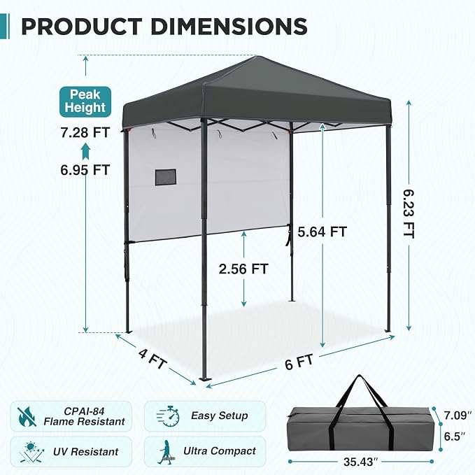 EAGLE PEAK 6x4 Instant Pop Up Canopy Tent with 1 Half Wall Panel, Straight Leg Sun Shelter, Portable Canopy with Carry Bag for Camping, Beach & Sports, Dark Gray