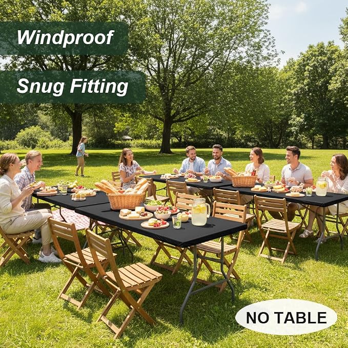 LUSHVIDA 10 Packs Vinyl Tablecloths with Flannel Backing for 6ft Rectangle Folding Table Cloths - Waterproof Plastic Picnic Table Covers with Elastic Corners, 30x72 inch, Black