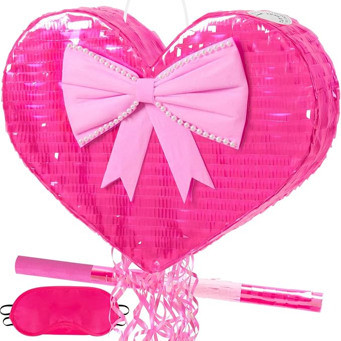 WERNNSAI Heart Piñata - Pink Heart Pull String Piñata Decoration for Women' Birthday Party Couples Dating Supply Engagement Wedding Surprise with Blindfold Stick (16.5" x 13.5" x 3")