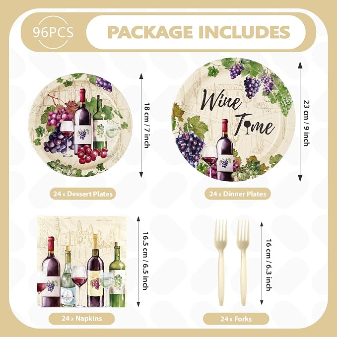 96Pcs Wine Tasting Party Supplies Red Wine Plates and Napkins Purple Grapes Vineyard Tableware Set for Women Girls Bridal Shower Drinks Theme Party Decorations Serves 24