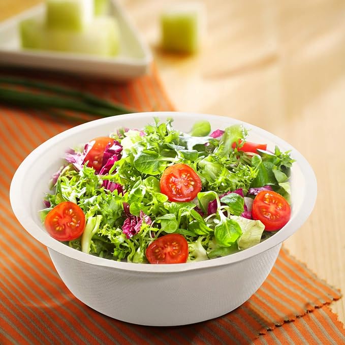 supernal 200Pcs Compostable Disposable Paper Bowls Combo Set for Catering | Heavy duty bagasse sugarcane bowls include 100pcs 16oz and 100pcs 30oz. Biodegradable, leakproof soup bowls for party.