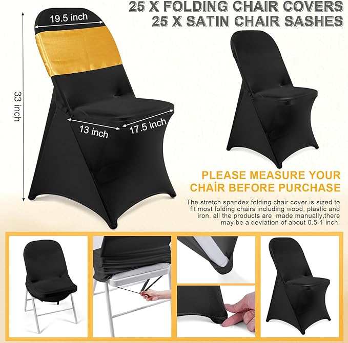 Lounsweer 50 Pcs Folding Chair Cover Set with 25 Stretch Spandex Slipcovers 25 Satin Chair Sashes Bows Ribbon Washable Banquet Protector for Wedding Event Party(Black, Gold)