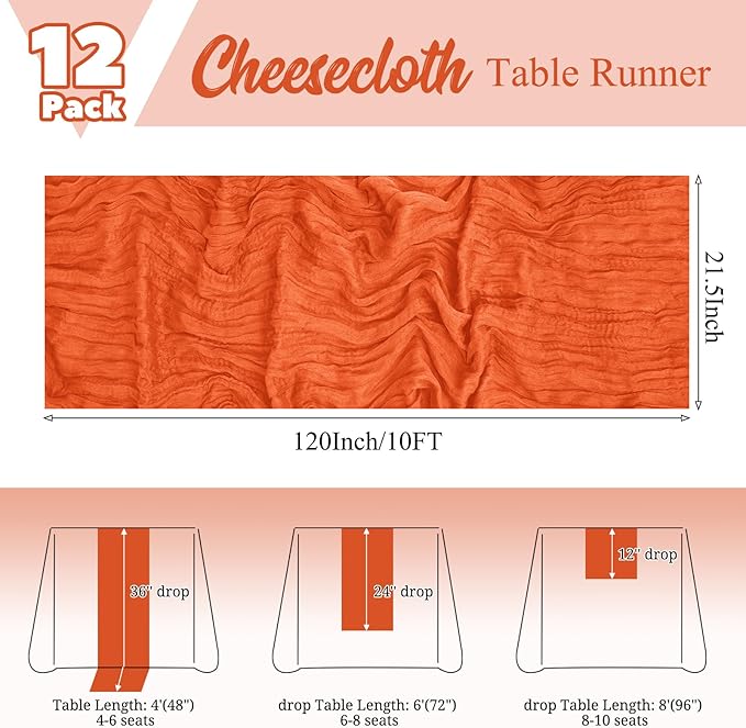 12 Pack Orange Table Runner 10Ft Cheesecloth Table Runner Rustic Gauze Table Runners Romantic Long Sheer Fabric Cheese Cloth Table Runners for Wedding Party Bridal Baby Shower