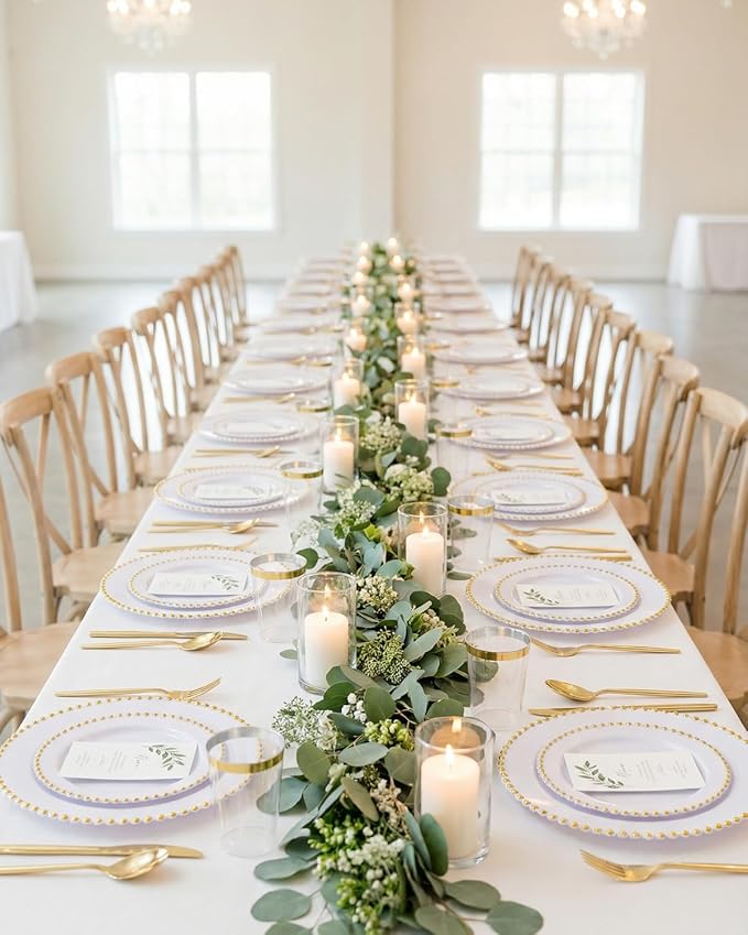supernal 180Pcs White and Gold Dinnerware Set,Premium Heavy Duty White Plastic Plates with Gold Beads,White Disposable Plates with Plastic Silverware and 10oz Cups for Wedding/Party/Valentine's Day
